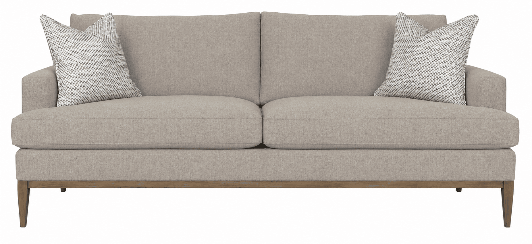 A two-seater sofa with a neutral beige fabric upholstery. It features two throw pillows with a black and white geometric pattern. The sofa has a low-profile design with a visible wooden base and tapered legs, suggesting a modern or mid-century modern style. — 3D model