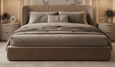 A modern upholstered platform bed featuring a low-profile frame and a distinctive pleated headboard, presented with bedding in neutral and green tones. — 3D model