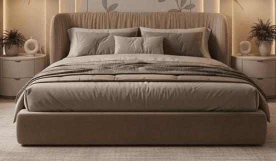 A modern upholstered platform bed featuring a low-profile frame and a distinctive pleated headboard, presented with bedding in neutral and green tones. — 3D model