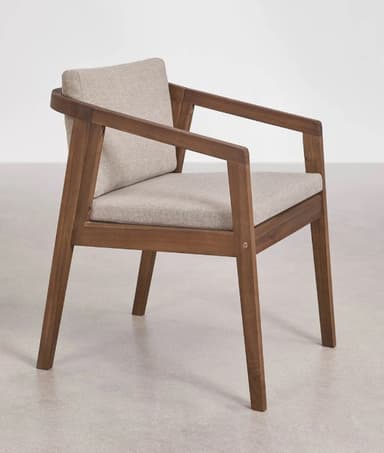 A modern armchair with a wooden frame and upholstered cushions for the seat and back. The frame has a minimalist design with straight lines and visible joinery. The upholstery is a textured fabric in a neutral tone. — 3D model