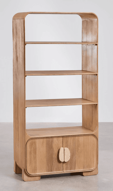 A modern, tall bookcase constructed from light-toned wood, featuring four open shelves in the upper section and a two-door storage cabinet at the base. The unit is characterized by its rounded edges and distinct organic-shaped wooden handles on the cabinet doors. — 3D model