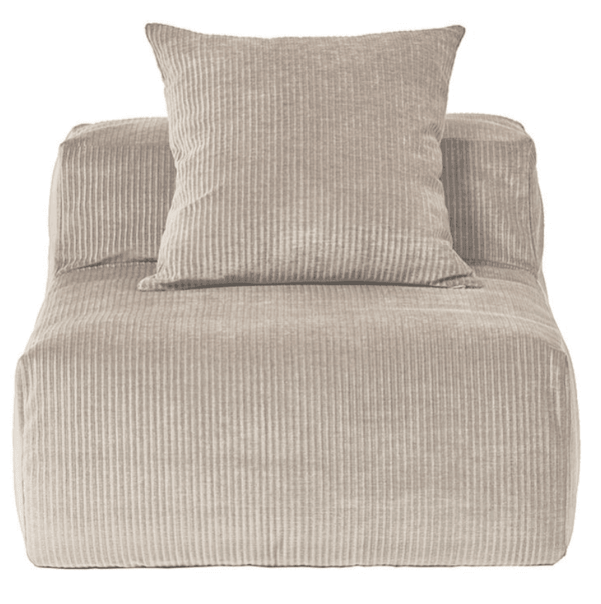 A single-seat armchair upholstered in a light brown corduroy fabric. It features a low profile with rounded edges and a slightly reclined back. A matching square throw pillow is placed on the backrest. The corduroy texture is pronounced with vertical ribbing. — 3D model