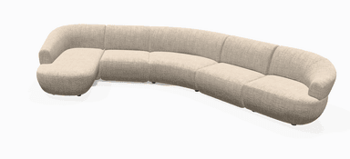 A large, contemporary curved modular sectional sofa featuring light beige textured fabric upholstery and an integrated left-hand chaise lounge. The sofa exhibits a low-profile silhouette with rounded edges and minimal visible legs. — 3D model