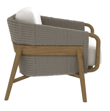 A contemporary lounge chair featuring an open wooden frame, woven rope back and sides, and thick white fabric cushions. — 3D model