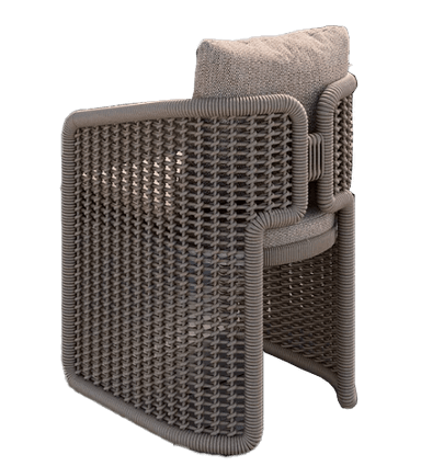 A contemporary chair featuring a thick, rounded frame entirely wrapped or constructed from a light-colored, textured synthetic rope or cord material. The chair includes a removable padded seat cushion and a matching back pillow, both upholstered in a complementary light beige fabric with a subtle woven texture. The frame forms continuous armrests and a backrest, with broad, integrated legs creating a sturdy and cohesive U-shaped form. The lower parts of the frame feature an open-weave pattern. — 3D model