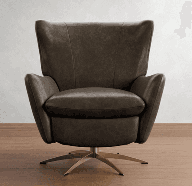 A dark brown leather armchair with a high back and integrated armrests. The chair is mounted on a brushed metal swivel base with four splayed legs, providing a rotational capability. — 3D model