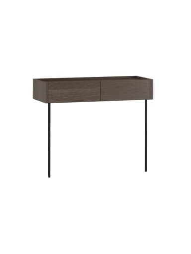 A minimalist console table featuring a dark wood-grain top and two integrated drawers, supported by slender black metal legs. The design is sleek and contemporary. — 3D model