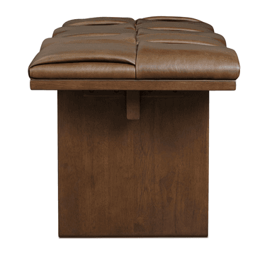 A long, rectangular bench featuring a dark brown segmented leather cushion top and a sturdy dark-stained wooden frame with two prominent slab-style legs. — 3D model