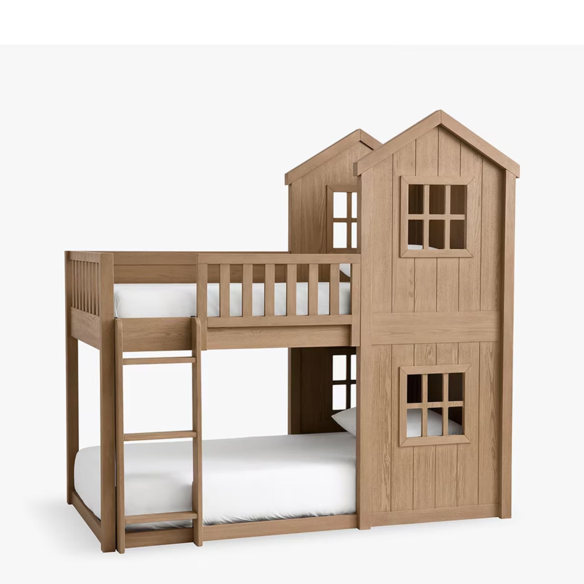 A light-colored wooden bunk bed featuring a playhouse design on one side with an integrated ladder, suitable for a child's room. — 3D model