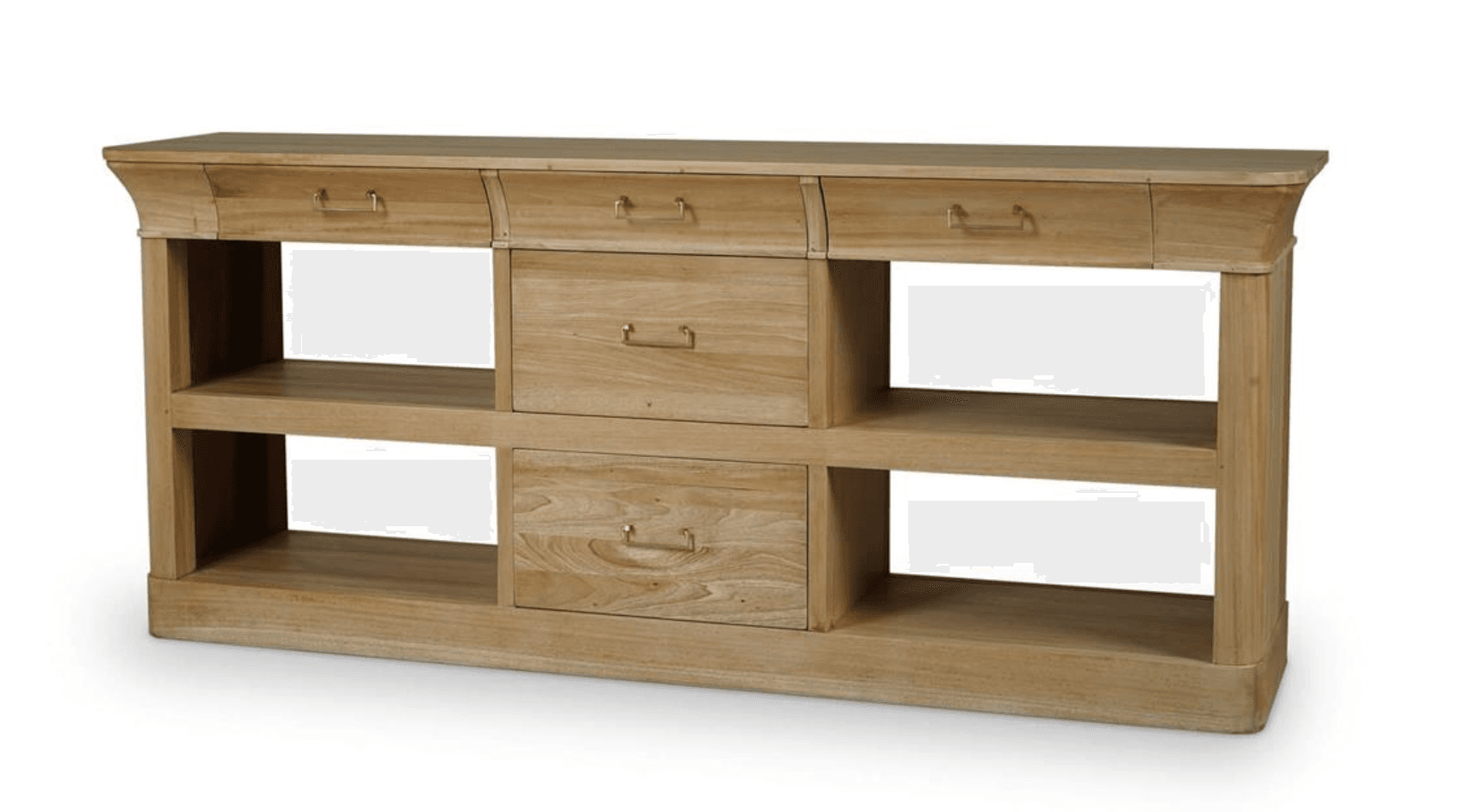 A long, low console table with an open shelf design and integrated drawers. The piece features a curved top edge and simple brass pull handles on its drawers. The open sections are designed for display or storage, and the overall construction suggests a natural, rustic aesthetic. — 3D model