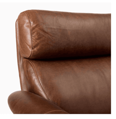 A brown leather armchair with a swivel base and a high back. The armchair features a polished metal frame and base, and the seat and back cushions are plush and appear to be filled with a soft material. The leather has a visible grain and a matte finish. — 3D model