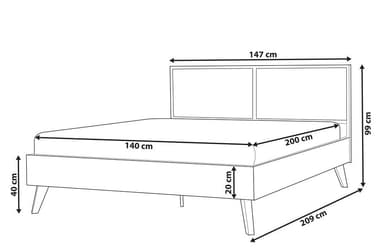 A mid-century modern style platform bed featuring a dark walnut-finished wooden frame and a headboard with cane webbing panels. — 3D model
