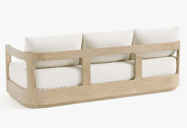 A three-seater sofa with a light wood frame and off-white cushions. The frame has a clean, minimalist design with straight lines. The seat and back cushions appear to be upholstered in a fabric. — 3D model