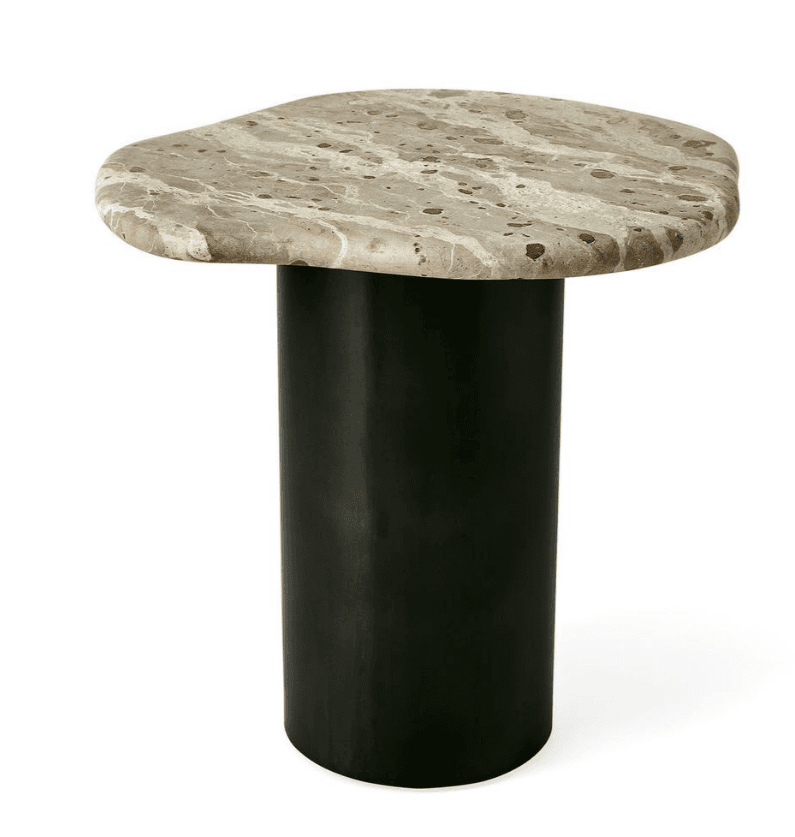 A modern accent table featuring an organically shaped marble top and a solid cylindrical metal base. — 3D model