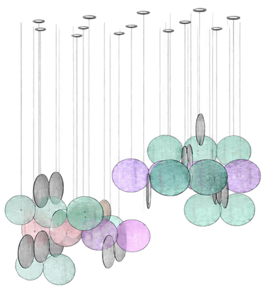Two modern multi-pendant chandeliers featuring numerous translucent, oval-shaped glass or acrylic diffusers in pastel shades of purple, green, gray, and pink, suspended at various heights from individual slender rods. — 3D model