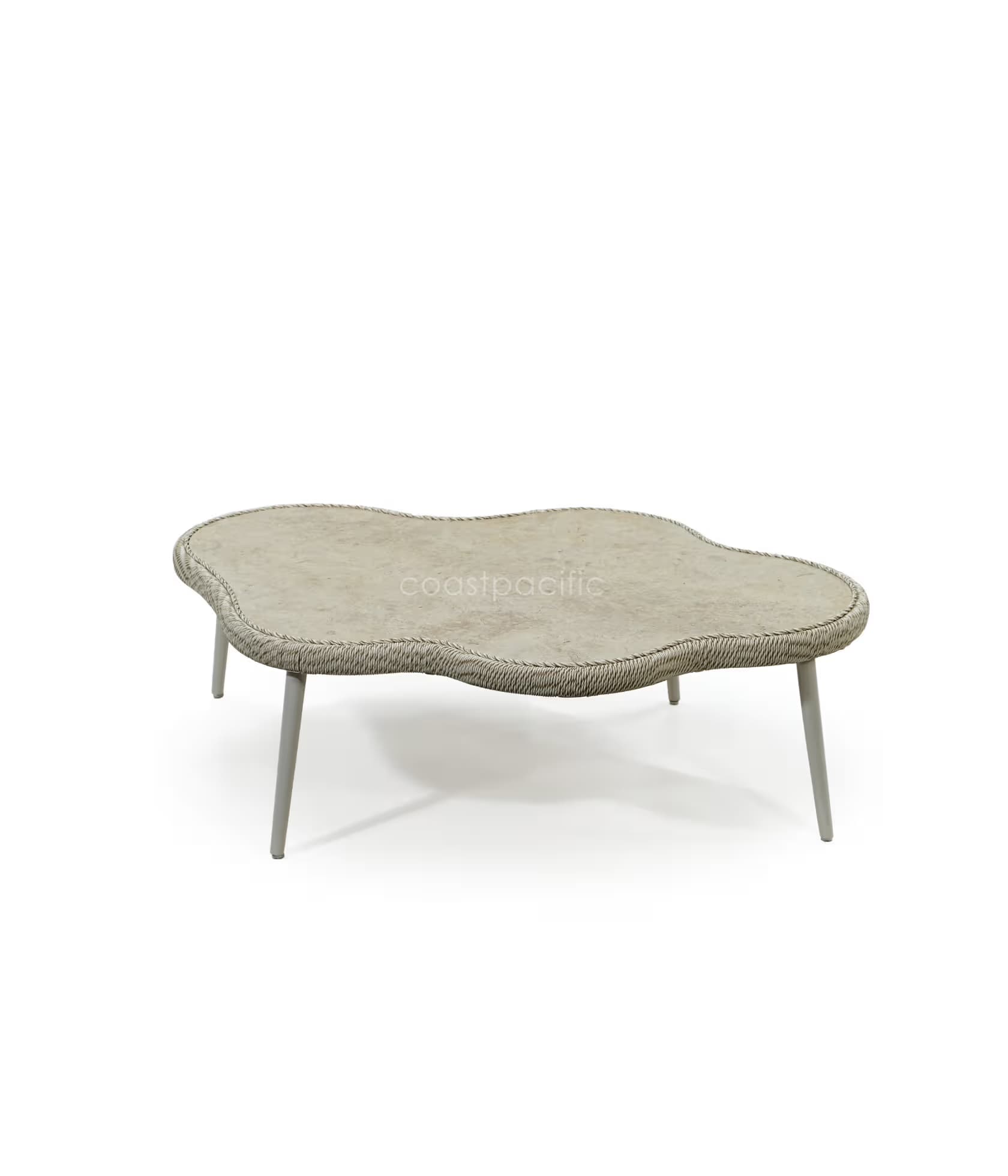 A low, organic-shaped coffee table featuring a light-colored composite or stone-like tabletop. The perimeter of the tabletop is intricately wrapped with a braided or woven material, likely rattan or rope, in an off-white or light beige hue. The table is supported by four slender, tapered metal legs in a matching light grey color, providing a minimalist and stable base. — 3D model