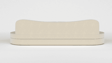 A contemporary sofa with a curved silhouette and upholstered in a textured, light-colored fabric. It features a slightly concave backrest with four distinct cushion sections and a rounded, continuous base. The design is minimalist with soft, rounded edges. — 3D model