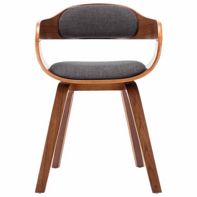 A modern accent chair with a curved wooden frame and upholstered seat and backrest. The chair features a distinctive bentwood shell construction for the back and arms, supported by four tapered wooden legs. The seat and back cushions are upholstered in a textured dark gray fabric. — 3D model