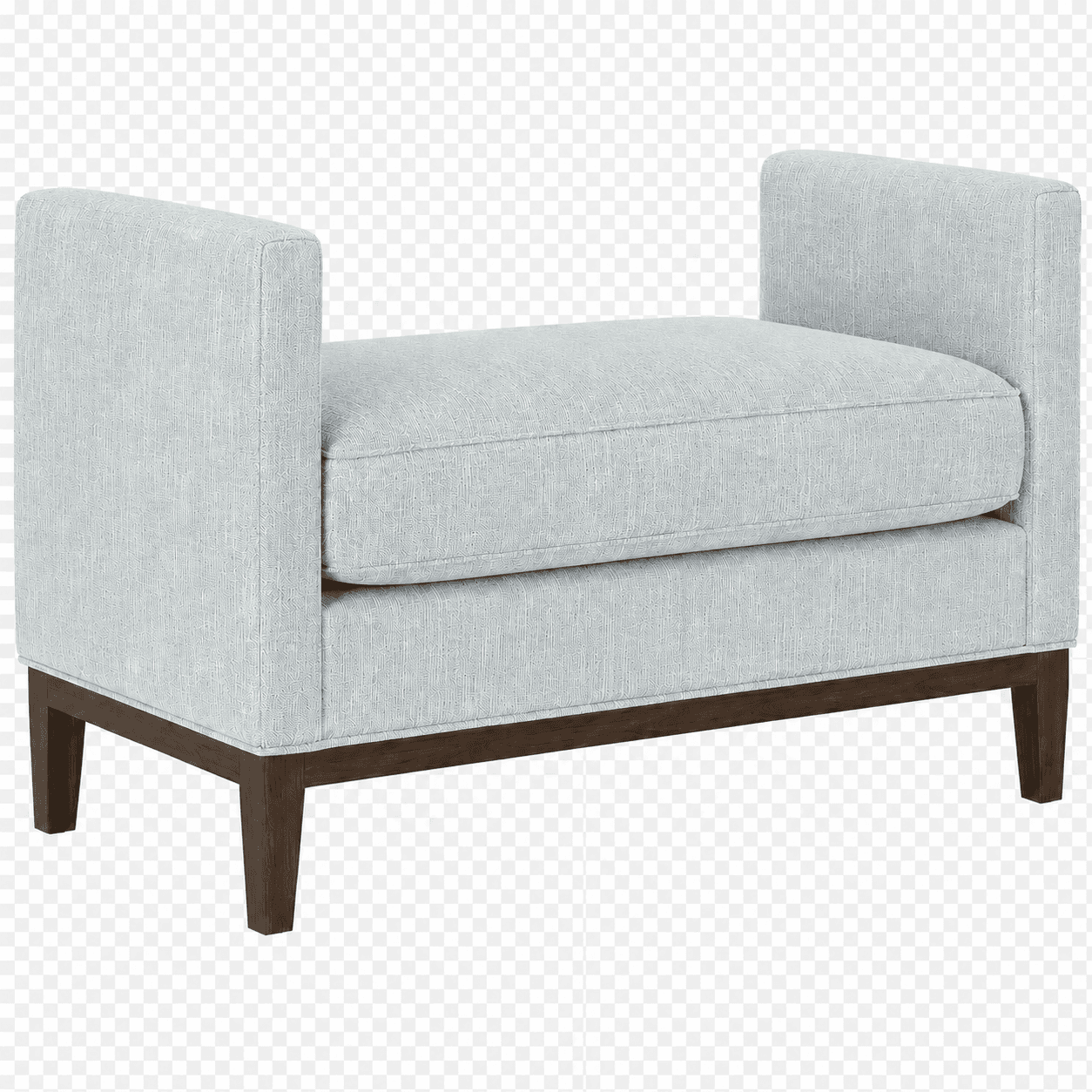 A rectangular upholstered bench with a low back and two armrests. The seat and back are made of two distinct cushions, creating a layered appearance. The frame is supported by four tapered wooden legs. — 3D model