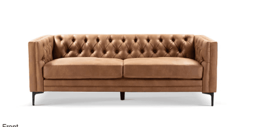 A two-seater sofa featuring deep button tufting on the backrest and inner arms, upholstered in a cognac-toned leather or faux leather, and supported by four slim, tapered black metal legs. The seat cushions are un-tufted and appear to be removable. — 3D model