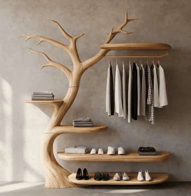 A unique coat rack designed to resemble a stylized tree. It features a central trunk with branches that extend to support shelves and a hanging rod. The shelves are organically shaped, with several levels designed to hold folded clothing and shoes. A horizontal rod, integrated into one of the upper branches, is used for hanging garments on hangers. The overall design is organic and whimsical, mimicking natural forms. — 3D model