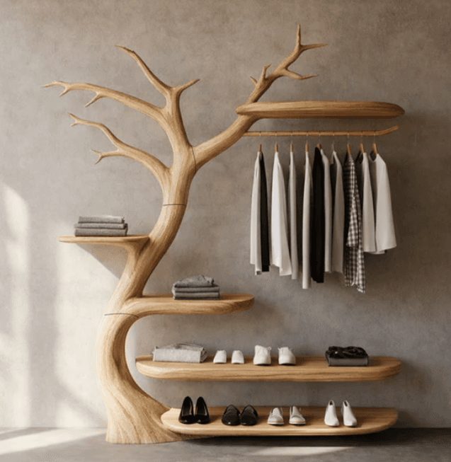 A unique coat rack designed to resemble a stylized tree. It features a central trunk with branches that extend to support shelves and a hanging rod. The shelves are organically shaped, with several levels designed to hold folded clothing and shoes. A horizontal rod, integrated into one of the upper branches, is used for hanging garments on hangers. The overall design is organic and whimsical, mimicking natural forms. — 3D model