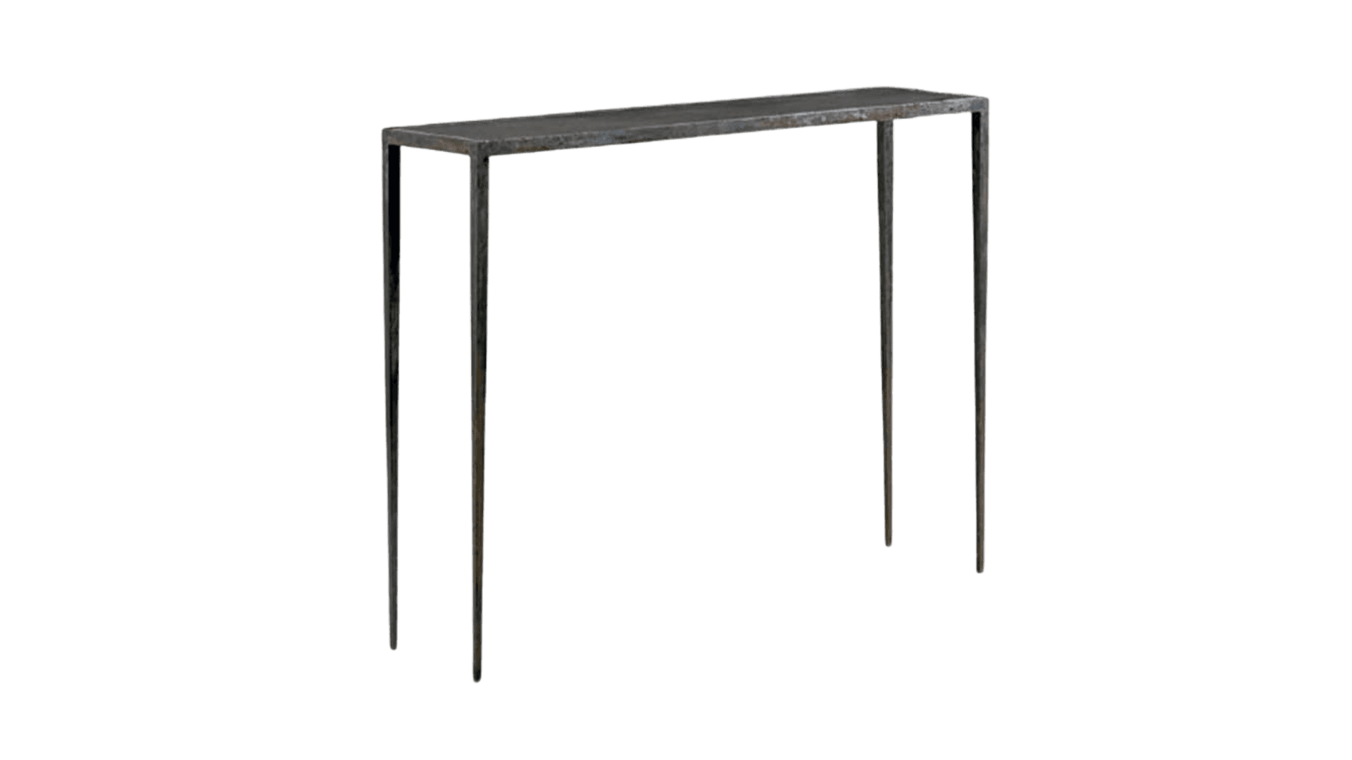 A narrow console table with a rectangular top supported by four slender, straight legs. The construction appears to be made of metal, with a dark, possibly weathered or patinated finish. — 3D model