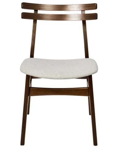 A wooden dining chair with a light grey upholstered seat and a curved backrest composed of two horizontal wooden slats. The frame is constructed from dark stained wood with visible grain. — 3D model