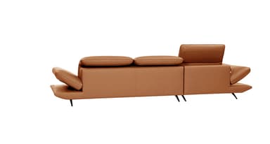A modern, multi-seat sofa with a modular design. It features adjustable headrests and a chaise lounge component on the right side. The upholstery appears to be a smooth, matte leather, and the frame is supported by sleek, metallic legs. — 3D model