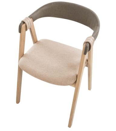 A contemporary armchair featuring a light-toned wooden frame and dual-tone fabric upholstery. The seat is a lighter beige, while the curved backrest is a slightly darker brown-grey. The backrest integrates with the frame, featuring a distinctive wrapped detail where the frame meets the backrest/armrest structure. The chair stands on four simple, slightly tapered wooden legs. — 3D model
