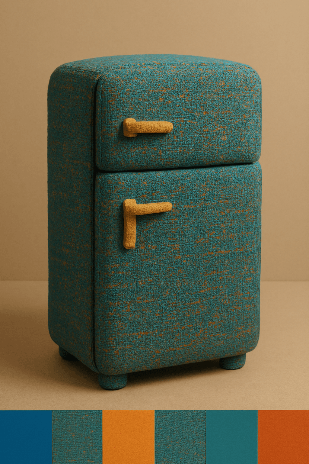 A small, upright refrigerator rendered in a stylized, almost cartoonish manner.  The exterior appears to be covered in a textured fabric or material with a teal or greenish-blue base color and subtle flecks of a darker, possibly brown or bronze, hue. The handles are a contrasting mustard yellow or gold color. The overall shape is rectangular with rounded edges and short legs. — 3D model