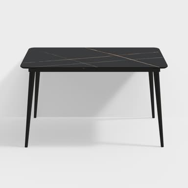 A contemporary rectangular table featuring a dark, possibly black or dark gray, faux marble top with metallic gold or copper-toned veining, and supported by four slender, tapered black legs. — 3D model