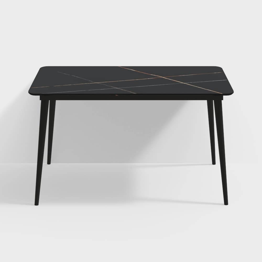 A contemporary rectangular table featuring a dark, possibly black or dark gray, faux marble top with metallic gold or copper-toned veining, and supported by four slender, tapered black legs. — 3D model