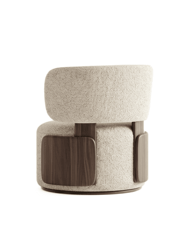 A modern lounge chair featuring a low-profile, rounded silhouette. It consists of a generously padded, cylindrical seat and a separate, curved backrest, both upholstered in a textured, light cream or beige fabric. Dark wood elements are visible on the base and as side supports, connecting the backrest to the seat and adding a contrasting detail. — 3D model