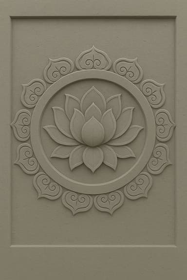 A circular bas-relief decorative object featuring a central, multi-layered lotus flower design. The lotus is encircled by a border composed of repeating, stylized heart-shaped or petal motifs. The object is rendered in a uniform light taupe, matte-finished material, likely a plaster, concrete, or composite stone, creating distinct shadows and depth with its shallow to moderate relief. — 3D model