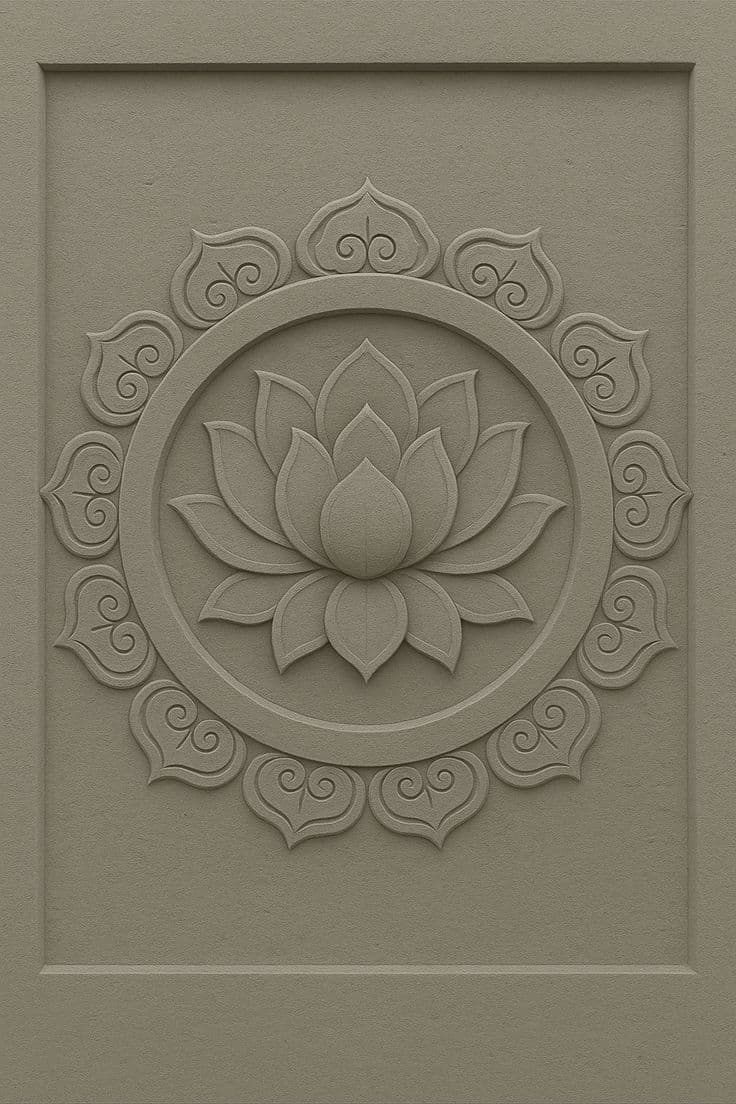 A circular bas-relief decorative object featuring a central, multi-layered lotus flower design. The lotus is encircled by a border composed of repeating, stylized heart-shaped or petal motifs. The object is rendered in a uniform light taupe, matte-finished material, likely a plaster, concrete, or composite stone, creating distinct shadows and depth with its shallow to moderate relief. — 3D model