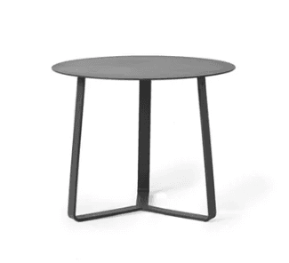 A modern, minimalist round accent table constructed entirely from metal with a dark gray finish. It features a circular tabletop supported by three angular legs that converge near the base, providing stability and a contemporary aesthetic. — 3D model
