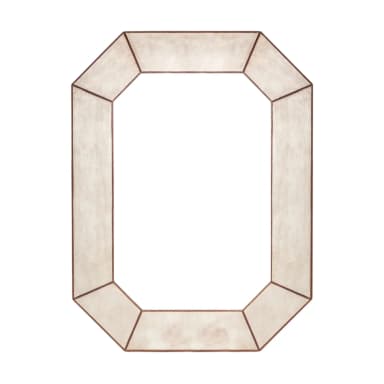 An octagonal wall mirror with a segmented frame surrounding a central rectangular reflective surface. The frame exhibits a distressed, light-colored finish, possibly off-white or beige, with darker, contrasting edges that emphasize its geometric construction. — 3D model