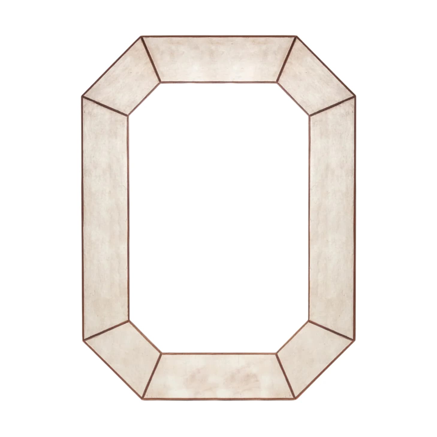 An octagonal wall mirror with a segmented frame surrounding a central rectangular reflective surface. The frame exhibits a distressed, light-colored finish, possibly off-white or beige, with darker, contrasting edges that emphasize its geometric construction. — 3D model
