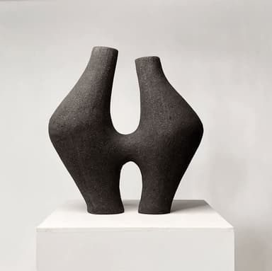 A modern abstract sculptural object, appearing to be a dual vase or decorative piece, rendered in matte black with a textured, granular surface. It features two distinct, elongated openings that converge at a central point, forming a biomorphic or hourglass-like shape. The design is minimalist yet striking, suitable for contemporary decor. — 3D model