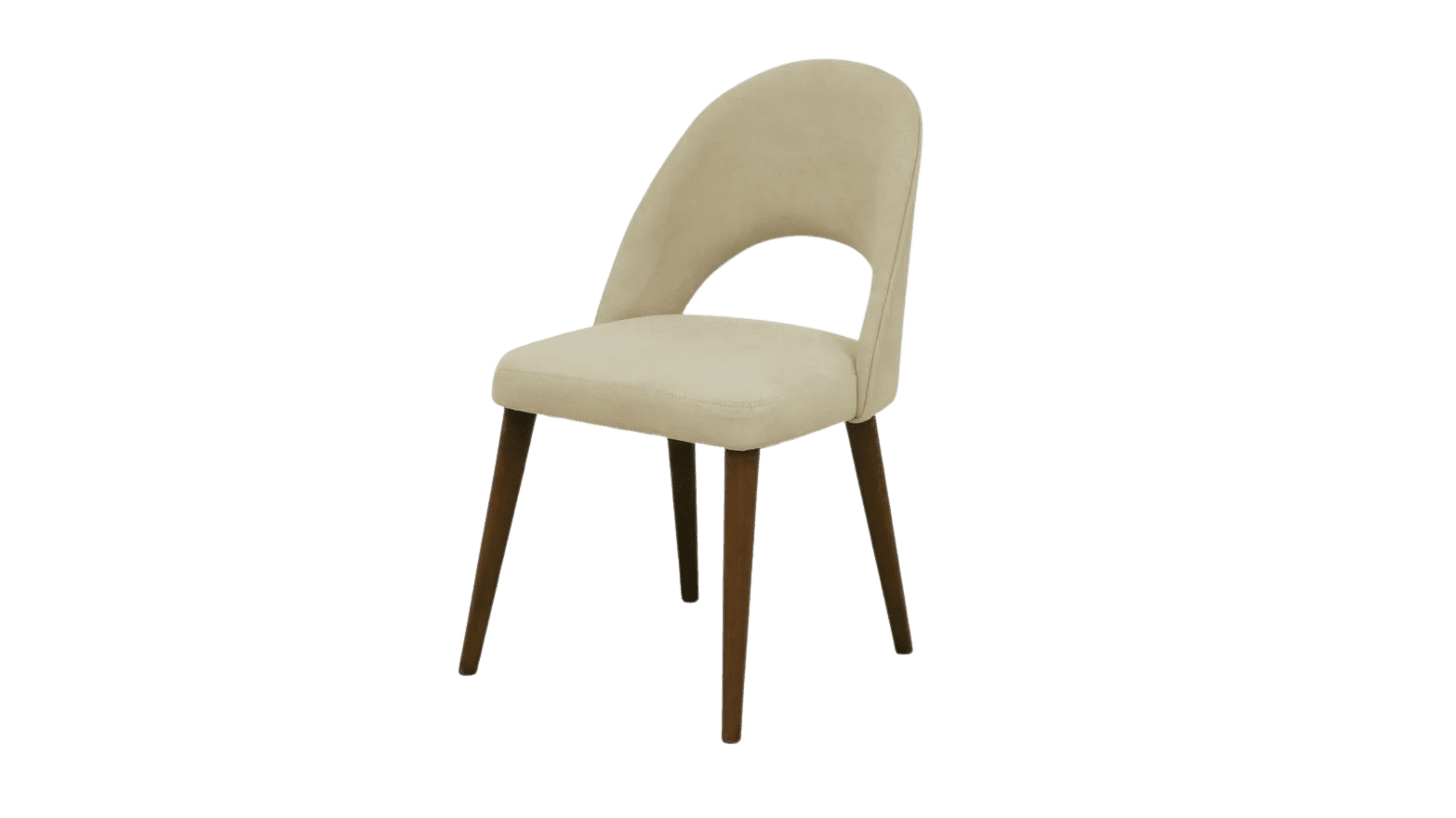 A side chair with a curved, upholstered backrest featuring a prominent cut-out. The seat is also upholstered. The chair is supported by four tapered wooden legs with a dark brown finish. — 3D model