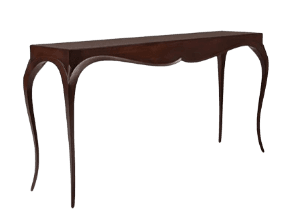 A long, narrow console table made of dark wood, featuring gracefully curved cabriole legs and a subtly scalloped apron beneath the rectangular tabletop. The table has a polished, glossy finish. — 3D model