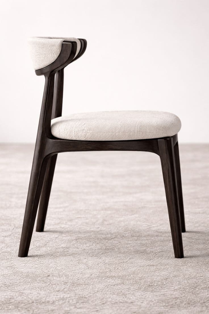 A contemporary dining chair featuring a dark-stained solid wood frame and light beige fabric upholstery. The chair has a curved backrest that integrates smoothly with the frame, and a padded, square seat. The four legs are tapered, contributing to its modern and elegant silhouette. — 3D model
