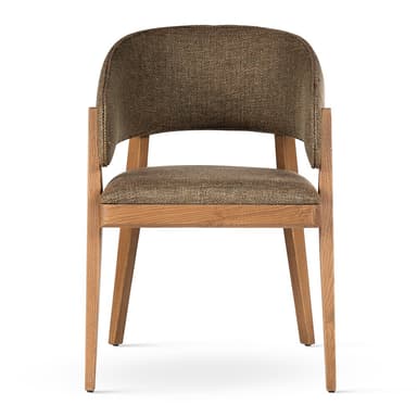 An upholstered armchair featuring a solid wood frame and legs, with a curved backrest that seamlessly integrates into the armrests. The seat and back are covered in a textured brown fabric. — 3D model