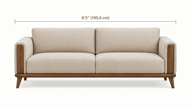 A contemporary or mid-century modern style sofa with an exposed dark wood frame and light beige fabric upholstery. The sofa features two seat cushions and two back cushions, giving it a two-seater configuration. The wooden frame is visible along the base, sides, and across the back, with integrated, slightly rounded armrests. It stands on four tapered wooden legs. — 3D model
