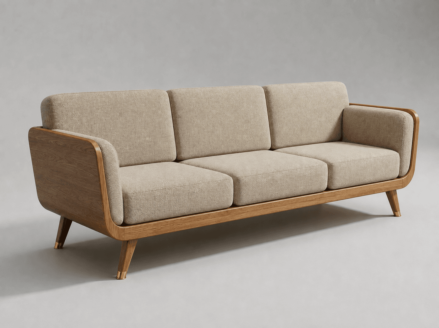 A contemporary three-seater sofa with a visible wooden frame and light beige fabric upholstery, featuring a clean, mid-century modern aesthetic. The sofa has an exposed wood frame that forms the base and extends upwards to create rounded armrests. It is supported by four tapered wooden legs with brass caps. — 3D model