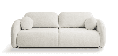 A modern two-seater sofa upholstered in an off-white or cream boucle fabric, featuring a distinctive rounded and organic silhouette. The sofa has thick, curved arms that seamlessly transition into the low base. It is equipped with two loose back cushions and one circular accent pillow, all covered in the matching boucle fabric. The design emphasizes softness and comfort with its plush appearance and lack of sharp edges, sitting on small, recessed dark feet. — 3D model