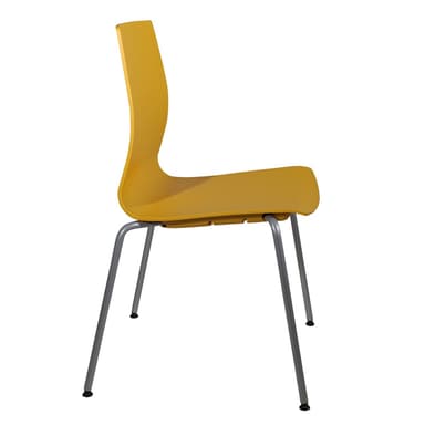 A modern red chair with a single-piece molded seat and backrest, supported by four slender, silver-toned metal legs. The seat and back have a subtle, ergonomic curve. The legs are angled outwards for stability and terminate in small black protective caps. — 3D model