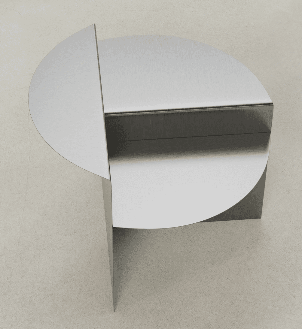 A modern end table with a unique geometric design. It features a circular top surface partially overlapping a rectangular body, with a single vertical support. The overall construction appears to be made of metal with a brushed finish. — 3D model