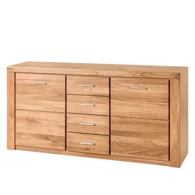 A rectangular, long, and low wooden storage unit, identifiable as a sideboard or credenza. It is constructed from light-colored solid oak wood, exhibiting prominent natural grain patterns across all surfaces. The front facade features nine individual drawers, arranged in a grid of three columns and three rows. Each drawer is equipped with a slender, horizontal silver-toned metal pull handle, contributing to its modern aesthetic. The piece rests on a recessed plinth base. — 3D model